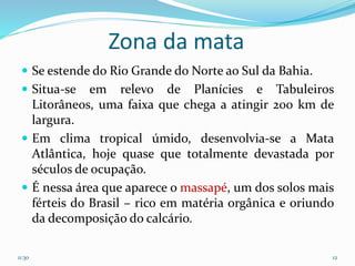 Zona da mata
 Se estende do Rio Grande do Norte ao Sul da Bahia.
 Situa-se em relevo de Planícies e Tabuleiros
Litorâneos, uma faixa que chega a atingir 200 km de
largura.
 Em clima tropical úmido, desenvolvia-se a Mata
Atlântica, hoje quase que totalmente devastada por
séculos de ocupação.
 É nessa área que aparece o massapé, um dos solos mais
férteis do Brasil – rico em matéria orgânica e oriundo
da decomposição do calcário.
11:30 12
 