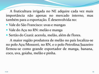 A fruticultura irrigada no NE adquire cada vez mais
importância não apenas no mercado interno, mas
também para a exportação. É desenvolvida no:
 Vale do São Francisco: uvas e mangas
 Vale do Açu no RN: melão e manga
 Sertão do Ceará: acerola, melão, além de flores.
A maior região produtora de melão no país localiza-se
no polo Açu/Mossoró, no RN, e o polo Petrolina/Juazeiro
firmou-se como grande exportador de manga, banana,
coco, uva, goiaba, melão e pinha.
11:30 29
 