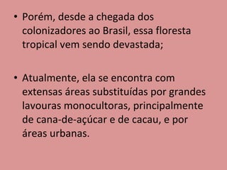Porém, desde a chegada dos colonizadores ao Brasil, essa floresta tropical vem sendo devastada; Atualmente, ela se encontra com extensas áreas substituídas por grandes lavouras monocultoras, principalmente de cana-de-açúcar e de cacau, e por áreas urbanas. 