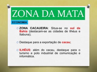 ZONA DA MATA 
ECONOMIA 
O ZONA CACAUEIRA: Situa-se no sul da 
Bahia (destacam-se as cidades de Ilhéus e 
Itabuna); 
O Destaque para a exportação de cacau; 
O ILHÉUS: além do cacau, destaque para o 
turismo e polo industrial de comunicação e 
informática. 
 