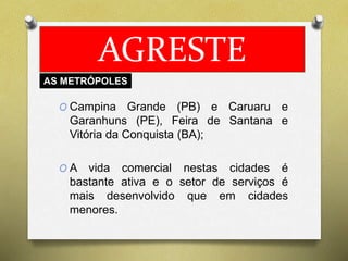 AGRESTE 
AS METRÓPOLES 
O Campina Grande (PB) e Caruaru e 
Garanhuns (PE), Feira de Santana e 
Vitória da Conquista (BA); 
O A vida comercial nestas cidades é 
bastante ativa e o setor de serviços é 
mais desenvolvido que em cidades 
menores. 
 