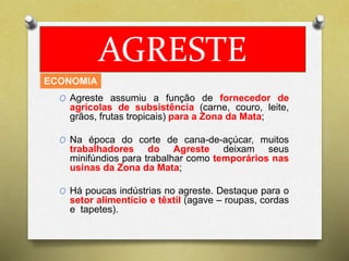 AGRESTE 
ECONOMIA 
O Agreste assumiu a função de fornecedor de 
agrícolas de subsistência (carne, couro, leite, 
grãos, frutas tropicais) para a Zona da Mata; 
O Na época do corte de cana-de-açúcar, muitos 
trabalhadores do Agreste deixam seus 
minifúndios para trabalhar como temporários nas 
usinas da Zona da Mata; 
O Há poucas indústrias no agreste. Destaque para o 
setor alimentício e têxtil (agave – roupas, cordas 
e tapetes). 
