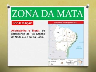 ZONA DA MATA 
LOCALIZAÇÃO 
Acompanha o litoral, se 
estendendo do Rio Grande 
do Norte até o sul da Bahia. 
 
