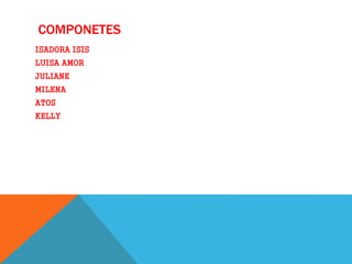 COMPONETES
ISADORA ISIS
LUISA AMOR
JULIANE
MILENA
ATOS
KELLY
 