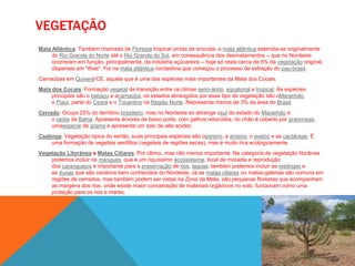 VEGETAÇÃO
Mata Atlântica: Também chamada de Floresta tropical úmida de encosta, a mata atlântica estendia-se originalmente
do Rio Grande do Norte até o Rio Grande do Sul, em consequência dos desmatamentos -- que no Nordeste
ocorreram em função, principalmente, da indústria açúcareira -- hoje só resta cerca de 5% da vegetação original,
dispersas em "ilhas". Foi na mata atlântica nordestina que começou o processo de extração do pau-brasil.
Carnaúbas em Quixeré/CE, aquela que é uma das espécies mais importantes da Mata dos Cocais.
Mata dos Cocais: Formação vegetal de transição entre os climas semi-árido, equatorial e tropical. As espécies
principais são o babaçu e acarnaúba, os estados abrangidos por esse tipo de vegetação são oMaranhão,
o Piauí, parte do Ceará e o Tocantins na Região Norte. Representa menos de 3% da área do Brasil.
Cerrado: Ocupa 25% do território brasileiro, mas no Nordeste só abrange osul do estado do Maranhão e
o oeste da Bahia. Apresenta árvores de baixo porte, com galhos retorcidos, no chão é coberto por gramíneas,
umaespécie de grama e apresenta um solo de alta acidez.
Caatinga: Vegetação típica do sertão, suas principais espécies são opereiro, a aroeira, o aveloz e as cactáceas. É
uma formação de vegetais xerófitos (vegetais de regiões secas), mas é muito rica ecologicamente.
Vegetação Litorânea e Matas Ciliares: Por último, mas não menos importante. Na categoria de vegetação litorânea
podemos incluir os mangues, que é um riquíssimo ecossistema, local de moradia e reprodução
dos caranguejos e importante para a preservação de rios, lagoas; também podemos incluir as restingas e
as dunas que são cenários bem conhecidos do Nordeste; Já as matas ciliares ou matas-galerias são comuns em
regiões de cerrados, mas também podem ser vistas na Zona da Mata, são pequenas florestas que acompanham
as margens dos rios, onde existe maior concetração de materiais orgânicos no solo, funcionam como uma
proteção para os rios e mares.
 