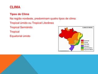 CLIMA
Tipos de Clima
Na região nordeste, predominam quatro tipos de clima:
Tropical úmido ou Tropical Litorâneo
Tropical Semiárido
Tropical
Equatorial úmido
 