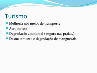 Turismo
Melhoria nos meios de transporte;
Aeroportos;
Degradação ambiental ( esgoto nas praias,);
Desmatamento e degradação de manguezais;
 