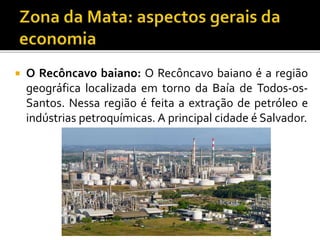  O Recôncavo baiano: O Recôncavo baiano é a região
geográfica localizada em torno da Baía de Todos-os-
Santos. Nessa região é feita a extração de petróleo e
indústrias petroquímicas. A principal cidade é Salvador.
 