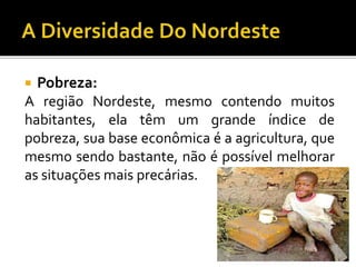  Pobreza:
A região Nordeste, mesmo contendo muitos
habitantes, ela têm um grande índice de
pobreza, sua base econômica é a agricultura, que
mesmo sendo bastante, não é possível melhorar
as situações mais precárias.
 