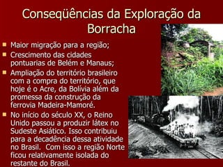 Conseqüências da Exploração da Borracha Maior migração para a região; Crescimento das cidades pontuarias de Belém e Manaus; Ampliação do território brasileiro com a compra do território, que hoje é o Acre, da Bolívia além da promessa da construção da ferrovia Madeira-Mamoré. No início do século XX, o Reino Unido passou a produzir látex no Sudeste Asiático. Isso contribuiu para a decadência dessa atividade no Brasil.  Com isso a região Norte ficou relativamente isolada do restante do Brasil. 