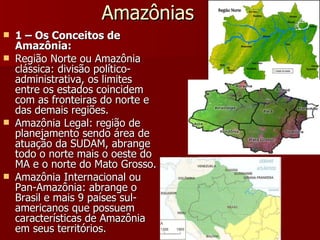 Amazônias 1 – Os Conceitos de Amazônia: Região Norte ou Amazônia clássica: divisão político-administrativa, os limites entre os estados coincidem com as fronteiras do norte e das demais regiões. Amazônia Legal: região de planejamento sendo área de atuação da SUDAM, abrange todo o norte mais o oeste do MA e o norte do Mato Grosso. Amazônia Internacional ou Pan-Amazônia: abrange o Brasil e mais 9 países sul-americanos que possuem características de Amazônia em seus territórios. 