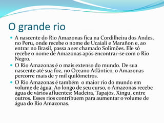 O grande rio
 A nascente do Rio Amazonas fica na Cordilheira dos Andes,
  no Peru, onde recebe o nome de Ucaiali e Marañon e, ao
  entrar no Brasil, passa a ser chamado Solimões. Ele só
  recebe o nome de Amazonas após encontrar-se com o Rio
  Negro.
 O Rio Amazonas é o mais extenso do mundo. De sua
  nascente até sua foz, no Oceano Atlântico, o Amazonas
  percorre mais de 7 mil quilômetros.
 O Rio Amazonas é também o maior rio do mundo em
  volume de água. Ao longo de seu curso, o Amazonas recebe
  água de vários afluentes: Madeira, Tapajós, Xingu, entre
  outros. Esses rios contribuem para aumentar o volume de
  água do Rio Amazonas.
 