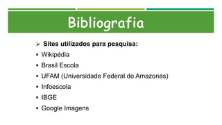  Sites utilizados para pesquisa:
 Wikipédia
 Brasil Escola
 UFAM (Universidade Federal do Amazonas)
 Infoescola
 IBGE
 Google Imagens
 