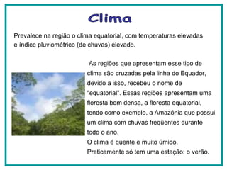 Prevalece na região o clima equatorial, com temperaturas elevadas e índice pluviométrico (de chuvas) elevado.   As regiões que apresentam esse tipo de clima são cruzadas pela linha do Equador, devido a isso, recebeu o nome de "equatorial". Essas regiões apresentam uma floresta bem densa, a floresta equatorial, tendo como exemplo, a Amazônia que possui um clima com chuvas freqüentes durante todo o ano. O clima é quente e muito úmido. Praticamente só tem uma estação: o verão. Clima 
