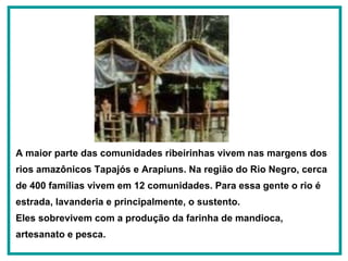 A maior parte das comunidades ribeirinhas vivem nas margens dos rios amazônicos Tapajós e Arapiuns. Na região do Rio Negro, cerca de 400 famílias vivem em 12 comunidades. Para essa gente o rio é estrada, lavanderia e principalmente, o sustento.  Eles sobrevivem com a produção da farinha de mandioca, artesanato e pesca.   