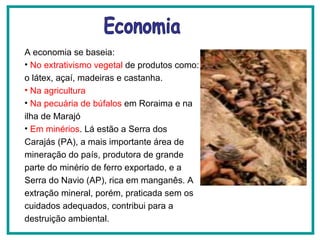 A economia se baseia:  No   extrativismo vegetal  de produtos como: o látex, açaí, madeiras e castanha.  Na agricultura   Na pecuária de búfalos  em Roraima e na ilha de Marajó Em minérios . Lá estão a Serra dos Carajás (PA), a mais importante área de mineração do país, produtora de grande parte do minério de ferro exportado, e a Serra do Navio (AP), rica em manganês. A extração mineral, porém, praticada sem os cuidados adequados, contribui para a destruição ambiental.  Economia 