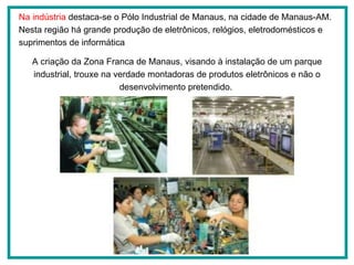 A criação da Zona Franca de Manaus, visando à instalação de um parque industrial, trouxe na verdade montadoras de produtos eletrônicos e não o desenvolvimento pretendido.  Na indústria  destaca-se o Pólo Industrial de Manaus, na cidade de Manaus-AM. Nesta região há grande produção de eletrônicos, relógios, eletrodomésticos e suprimentos de informática  
