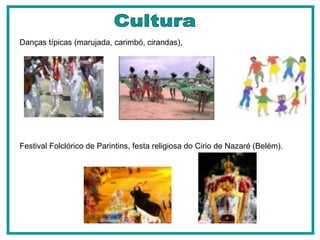 Danças típicas (marujada, carimbó, cirandas),  Festival Folclórico de Parintins, festa religiosa do Cirio de Nazaré (Belém).  Cultura 
