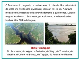 Rios Principais Rio Amazonas, rio Negro, rio Solimões, rio Xingu, rio Tocantins, rio Madeira, rio Juruá, rio Branco, rio Tapajós, rio Purus e rio Uatumã.  O Amazonas é o segundo rio mais extenso do planeta. Sua extensão é de 5.825 km. Perde para o Mississipi-Missouri (6.418 km)  A largura média do rio Amazonas é de aproximadamente 5 quilômetros. Durante as grandes cheias, o Amazonas, pode alcançar, em determinados trechos, 40 a 50Km de largura.  