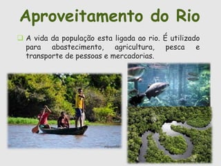 Aproveitamento do Rio 
 A vida da população esta ligada ao rio. É utilizado 
para abastecimento, agricultura, pesca e 
transporte de pessoas e mercadorias. 
 