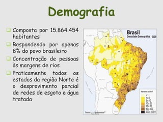 Demografia 
 Composta por 15.864.454 
habitantes 
 Respondendo por apenas 
8% do povo brasileiro 
 Concentração de pessoas 
às margens de rios 
 Praticamente todos os 
estados da região Norte é 
o desprovimento parcial 
de redes de esgoto e água 
tratada 
 