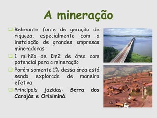 A mineração 
 Relevante fonte de geração de 
riqueza, especialmente com a 
instalação de grandes empresas 
mineradoras 
 1 milhão de Km2 de área com 
potencial para a mineração 
 Porém somente 1% dessa área está 
sendo explorada de maneira 
efetiva 
 Principais jazidas: Serra dos 
Carajás e Oriximiná. 
 