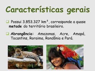 Características gerais 
 Possui 3.853.327 km², corresponde a quase 
metade do território brasileiro. 
 Abrangência: Amazonas, Acre, Amapá, 
Tocantins, Roraima, Rondônia e Pará. 
 