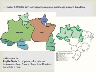 - Possui 3.853.327 km², corresponde a quase metade do território brasileiro.
- Abrangência
Região Norte é composta pelos estados:
Amazonas, Acre, Amapá, Tocantins, Roraima,
Rondônia e Pará.
 