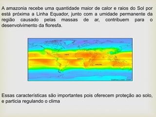A amazonia recebe uma quantidade maior de calor e raios do Sol por
está próxima a Linha Equador, junto com a umidade permanente da
região causado pelas massas de ar, contribuem para o
desenvolvimento da floresfa.
Essas características são importantes pois oferecem proteção ao solo,
e particia regulando o clima
 