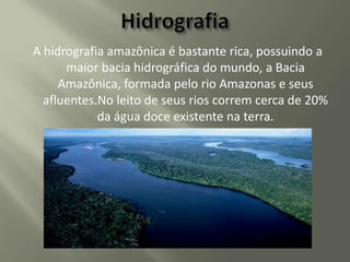 A hidrografia amazônica é bastante rica, possuindo a
maior bacia hidrográfica do mundo, a Bacia
Amazônica, formada pelo rio Amazonas e seus
afluentes.No leito de seus rios correm cerca de 20%
da água doce existente na terra.

 