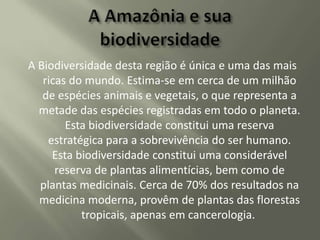 A Biodiversidade desta região é única e uma das mais
ricas do mundo. Estima-se em cerca de um milhão
de espécies animais e vegetais, o que representa a
metade das espécies registradas em todo o planeta.
Esta biodiversidade constitui uma reserva
estratégica para a sobrevivência do ser humano.
Esta biodiversidade constitui uma considerável
reserva de plantas alimentícias, bem como de
plantas medicinais. Cerca de 70% dos resultados na
medicina moderna, provêm de plantas das florestas
tropicais, apenas em cancerologia.

 