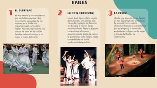 BAILES
2
1 3
EL CURRULAO
es muy sensual y se caracteriza
por las faldas amplias y los
movimientos sensuales de las
mujeres, es el baile más
importante del norte de la
región Pacífica, representa una
danza de amor en la cual el
hombre deberá cortejar a la
mujer a través del baile.
LA JOTA CHOCOANA
Les un baile típico de la región
del Chocó. Es una danza que
viene de muy lejos, de Escocia
¡en Europa! e hizo un largo
recorrido hasta llegar a España.
Los esclavos africanos
adoptaron este baile de salón y
le pusieron su sello propio hasta
convertirlo en un baile
tradicional del pacífico.
LA POLKA
LBaile muy popular en las fiestas
en del departamento de Chocó.
Se vincula con la música
afrocolombiana y se caracteriza
por su alegría y la forma de
embellecer la figura de la mujer
a través del baile y la
vestimenta.
 
