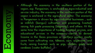  Although the economy in the southern portion of the
region, esp. Pangasinan, is anchored on agro-industrial and
service industry, the economy in the northern portion of the
region is anchored in the agricultural sector. The economy
in Pangasinan is driven by agro-industrial businesses , such
as milkfish (bangus) cultivation and processing, livestock
raising, fish paste processing (bagoong), and others. At the
same time the importance of trading, financial services, and
educational services in the economy cannot be denied.
Income in the Ilocos provinces or northern portion mostly
come from cultivating rice, tobacco, corn, sugarcane, and
fruits; raising livestock such as pigs, chicken, goats, and
carabaos (water buffalos).
Economy
 