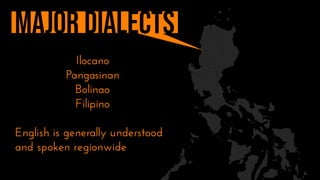 Ilocano
Pangasinan
Bolinao
Filipino
English is generally understood
and spoken regionwide
 