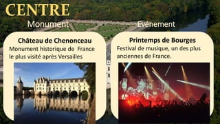 CENTRE
EvénementMonument
Château de Chenonceau
Monument historique de France
le plus visité après Versailles
Printemps de Bourges
Festival de musique, un des plus
anciennes de France.
 
