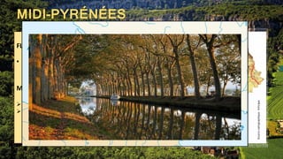 MIDI-PYRÉNÉES
FLEUVES
 Le fleuve plus important est la Garonne
MONTAGNES
 Le Massif central au nord
 Le Pyrénées au sud
 