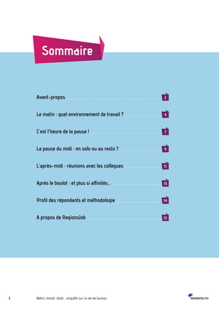 Sommaire 
Avant-propos_ _____________________________________________________ 2 
Le matin : quel environnement de travail ?_ ____________________ 4 
C’est l’heure de la pause !_________________________________________ 7 
La pause du midi : en solo ou au resto ?_ _______________________ 9 
L’après-midi : réunions avec les collègues _____________________ 11 
Après le boulot : et plus si affinités… ____________________________ 13 
Profil des répondants et méthodologie_ _________________________ 14 
A propos de RegionsJob___________________________________________ 15 
3 Métro, boulot, dodo… enquête sur la vie de bureau 
 