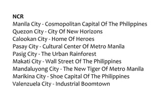 NCR
Manila City - Cosmopolitan Capital Of The Philippines
Quezon City - City Of New Horizons
Calookan City - Home Of Heroes
Pasay City - Cultural Center Of Metro Manila
Pasig City - The Urban Rainforest
Makati City - Wall Street Of The Philippines
Mandaluyong City - The New Tiger Of Metro Manila
Marikina City - Shoe Capital Of The Philippines
Valenzuela City - Industrial Boomtown
 