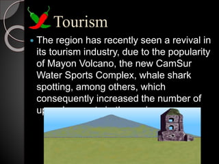Tourism
 The region has recently seen a revival in
its tourism industry, due to the popularity
of Mayon Volcano, the new CamSur
Water Sports Complex, whale shark
spotting, among others, which
consequently increased the number of
upscale resorts in the region.
 