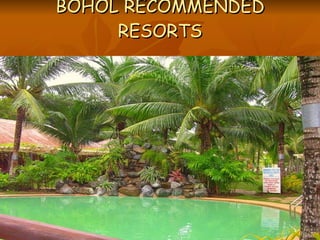 BOHOL RECOMMENDED RESORTS <ul><li>Alona Kew White Beach Resort     </li></ul><ul><li>Alona Tropical Beach Resort  -located...