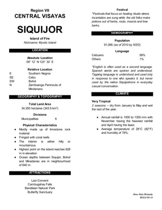 Region VII
CENTRAL VISAYAS
SIQUIJOR
Island of Fire
Nickname: Mystic Island
LOCATION
Absolute Location
09° 12´ N 123° 30´ E
Relative Location
E Southern Negros
SE Cebu
SW Bohol
N Zamboanga Peninsula of
Mindanano
GEOGRAPHY & TOPOGRAPHY
Total Land Area
34,350 hectares (343.5 km²)
Divisions
Municipalities 6
Physical Characteristics
● Mostly made up of limestone rock
material
● Fringed with coral reefs
● The interior is either hilly or
mountainous
● Highest point on the island reaches 628
m in elevation
● Ocean depths between Siquijor, Bohol
and Minadanao are in neighbourhood
of 640 m
ATTRACTIONS
Lazi Convent
Cambugahay Falls
Bandilaan Natural Park
Butterfly Sanctuary
Festival
*Festivals that focus on healing rituals where
incantation are sung while the old folks make
potions out of herbs, roots, insects and tree
barks.
DEMOGRAPHY
Population
91,066 (as of 2010 by NSO)
Language
Cebuano 99%
Others 1%
*English is often used as a second language.
Spanish words are spoken and understood.
Tagalog language is understood and used only
in response to one who speaks it, but never
used by the native Siquijodnons in everyday
casual conversation.
CLIMATE
Very Tropical
2 seasons – dry from January to May and wet
the rest of the year.
● Annual rainfall is 1000 to 1300 mm with
November having the heaviest rainfall
and April having the least.
● Average temperature of 28°C (82°F)
and humidity of 78%.
Bren DaleMiranda
BEEd III-14
 