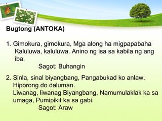 Bugtong (ANTOKA)
1. Gimokura, gimokura, Mga along ha migpapabaha
Kaluluwa, kaluluwa. Anino ng isa sa kabila ng ang
iba.
Sagot: Buhangin
2. Sinla, sinal biyangbang, Pangabukad ko anlaw,
Hiporong do daluman.
Liwanag, liwanag Biyangbang, Namumulaklak ka sa
umaga, Pumipikit ka sa gabi.
Sagot: Araw
 