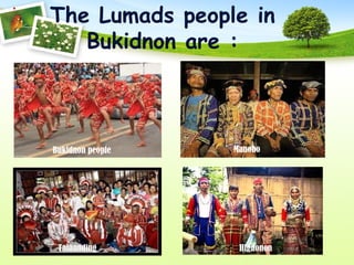 The Lumads people in
Bukidnon are :
Talaanding
Bukidnon people Manobo
Higaonon
 