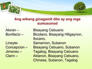 .
Aloran – Bisayang Cebuano
Bonifacio – Bicolano, Bisayang Hiligaynon,
Ilocano,
Lineyte- Samarnon, Subanon
Concepcion – Bisayang Cebuano, Subanon
Jimenez – Tagalog, Bisayang Cebuano
Clarin – Aklanon, Bisayang Cebuano,
Chinese, Subanon, Tagalog
Ang wikang ginagamit dito ay ang mga
sumusunod
 