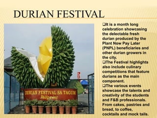 DURIAN FESTIVAL 
It is a month long 
celebration showcasing 
the delectable fresh 
durian produced by the 
Plant Now Pay Later 
(PNPL) beneficiaries and 
other durian growers in 
the city. 
The Festival highlights 
also include culinary 
competitions that feature 
durians as the main 
component. 
The various events 
showcase the talents and 
creativity of the students 
and F&B professionals. 
From cakes, pastries and 
bread, to coffee, 
cocktails and mock tails. 
 