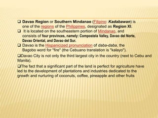  Davao Region or Southern Mindanao (Filipino: Kadabawan) is 
one of the regions of the Philippines, designated as Region XI. 
 It is located on the southeastern portion of Mindanao, and 
consists of four provinces, namely: Compostela Valley, Davao del Norte, 
Davao Oriental, and Davao del Sur. 
 Davao is the Hispanicized pronunciation of daba-daba, the 
Bagobo word for "fire" (the Cebuano translation is "kalayo"). 
Davao City is not only the third largest city in the country (next to Cebu and 
Manila). 
The fact that a significant part of the land is perfect for agriculture have 
led to the development of plantations and industries dedicated to the 
growth and nurturing of coconuts, coffee, pineapple and other fruits 
 