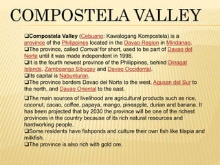 COMPOSTELA VALLEY 
Compostela Valley (Cebuano: Kawalogang Kompostela) is a 
province of the Philippines located in the Davao Region in Mindanao. 
The province, called Comval for short, used to be part of Davao del 
Norte until it was made independent in 1998. 
It is the fourth newest province of the Philippines, behind Dinagat 
Islands, Zamboanga Sibugay and Davao Occidental. 
Its capital is Nabunturan. 
The province borders Davao del Norte to the west, Agusan del Sur to 
the north, and Davao Oriental to the east. 
The main sources of livelihood are agricultural products such as rice, 
coconut, cacao, coffee, papaya, mango, pineapple, durian and banana. It 
has been projected that by 2030 the province will be one of the richest 
provinces in the country because of its rich natural resources and 
hardworking people. 
Some residents have fishponds and culture their own fish like tilapia and 
milkfish. 
The province is also rich with gold ore. 
 