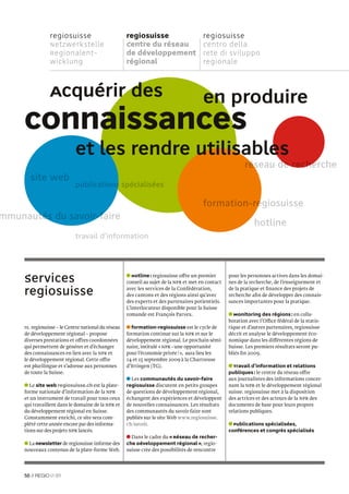 regiosuisse                          regiosuisse                        regiosuisse
                 Netzwerkstelle                       Centre du réseau                   Centro della
                 Regionalent-                         de développement                   rete di sviluppo
                 wicklung                             régional                           regionale



                 Acquérir des                                                            en produire
     connaissances
                             et les rendre utilisables
                                                                                                            rés
                                                                                                             éseau de reche
                                                                                                                      recherche

                             publications spécialisées
                                        s

                                                                                         formation-re
                                                                                                    egiosuisse
mmunautés du savoir-faire
      tés    savoir-fa
                                                                                                                 hotline
                             travail d’information




     Services                                            Hotline : regiosuisse offre un premier
                                                      conseil au sujet de la NPR et met en contact
                                                                                                     pour les personnes actives dans les domai-
                                                                                                     nes de la recherche, de l’enseignement et

     regiosuisse                                      avec les services de la Confédération,
                                                      des cantons et des régions ainsi qu’avec
                                                                                                     de la pratique et ﬁnance des projets de
                                                                                                     recherche aﬁn de développer des connais-
                                                      des experts et des partenaires potientiels.    sances importantes pour la pratique.
                                                      L’interlocuteur disponible pour la Suisse
                                                      romande est François Parvex.                     Monitoring des régions : en colla-
                                                                                                     boration avec l’Office fédéral de la statis-
     rs. regiosuisse – le Centre national du réseau     formation-regiosuisse est le cycle de        tique et d’autres partenaires, regiosuisse
     de développement régional – propose              formation continue sur la NPR et sur le        décrit et analyse le développement éco-
     diverses prestations et offres coordonnées       développement régional. Le prochain sémi-      nomique dans les différentes régions de
     qui permettent de générer et d’échanger          naire, intitulé « NPR – une opportunité        Suisse. Les premiers résultats seront pu-
     des connaissances en lien avec la NPR et         pour l’économie privée ! », aura lieu les      bliés ﬁn 2009.
     le développement régional. Cette offre           14 et 15 septembre 2009 à la Chartreuse
     est plurilingue et s’adresse aux personnes       d’Ittingen (TG).                                 Travail d’information et relations
     de toute la Suisse.                                                                             publiques : le centre du réseau offre
                                                        Les communautés du savoir-faire              aux journalistes des informations concer-
        Le site Web regiosuisse.ch est la plate-      regiosuisse discutent en petits groupes        nant la NPR et le développement régional
     forme nationale d’information de la NPR          de questions de développement régional,        suisse. regiosuisse met à la disposition
     et un instrument de travail pour tous ceux       échangent des expériences et développent       des actrices et des acteurs de la NPR des
     qui travaillent dans le domaine de la NPR et     de nouvelles connaissances. Les résultats      documents de base pour leurs propres
     du développement régional en Suisse.             des communautés du savoir-faire sont           relations publiques.
     Constamment enrichi, ce site sera com-           publiés sur le site Web www.regiosuisse.
     plété cette année encore par des informa-        ch/savoir.                                       Publications spécialisées,
     tions sur des projets NPR lancés.                                                               conférences et congrès spécialisés
                                                        Dans le cadre du « Réseau de recher-
       La newsletter de regiosuisse informe des       che Développement régional », regio-
     nouveaux contenus de la plate-forme Web.         suisse crée des possibilités de rencontre




     50 //          01
 