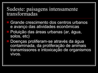 Sudeste: paisagens intensamente transformadas Grande crescimento dos centros urbanos  e avanço das atividades econômicas Poluição das áreas urbanas (ar, água, solos, etc) Doenças proliferam-se através da água contaminada, da proliferação de animais transmissores e intoxicação de organismos vivos. 