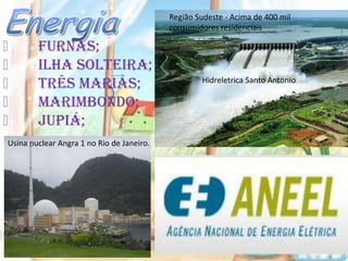 Região Sudeste - Acima de 400 mil
                                           consumidores residenciais

       Furnas;
       Ilha Solteira;
       Três Marias;                               Hidreletrica Santo Antonio

       Marimbondo;
       Jupiá;
Usina nuclear Angra 1 no Rio de Janeiro.
 